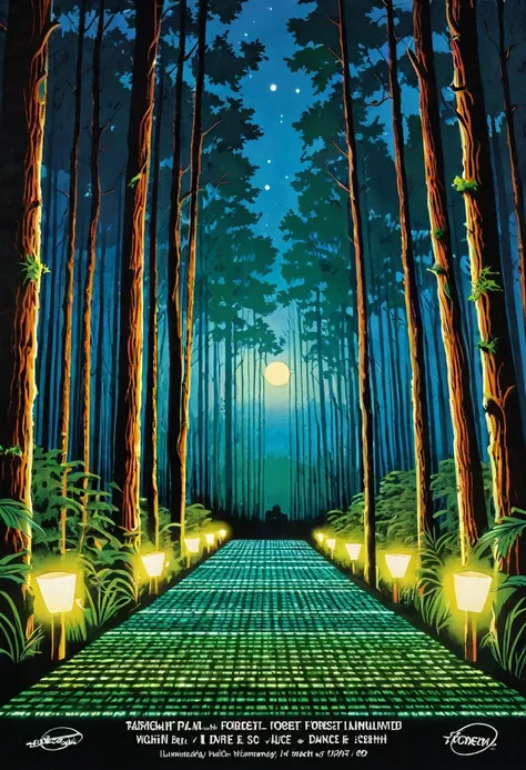 poster for the open air "Flash" taking place in the forest, on the poster the forest at night, corridor to the dance floor, illuminated path, date 27.07