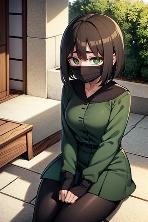 Girl brown hair green eyes brought black body with green black and green face mask, sitting in a building