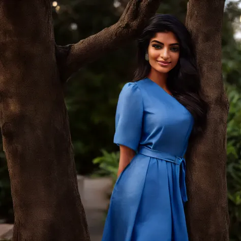 araffe woman in blue dress posing for a picture in front of a tree, tanned ameera al taweel, light blue dress portrait, blue tunic, african ameera al taweel, ameera al taweel, mid shot portrait, wearing a blue dress, blue colored traditional wear, wearing ...