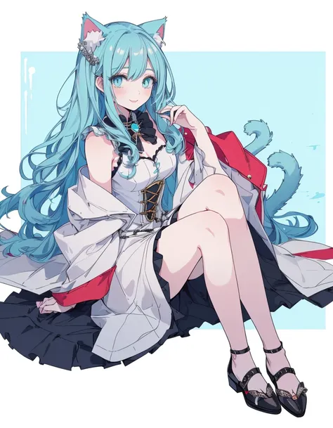 smile, magician, magicians robe, full body, ((masterpiece, best quality:1.5)), ((Beautiful detailed cat aqua eyes:1.2)), cat ears, pale skin, medium breasts, beautiful hands, beautiful fingers, EasyNegative