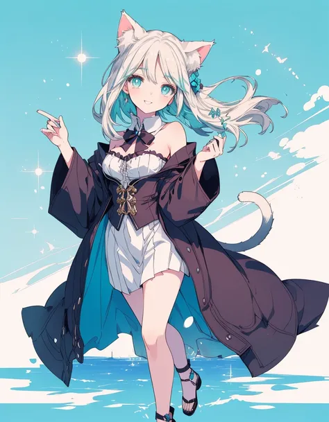 smile, magician, magicians robe, full body, ((masterpiece, best quality:1.5)), ((Beautiful detailed cat aqua eyes:1.2)), cat ears, pale skin, medium breasts, beautiful hands, beautiful fingers, EasyNegative