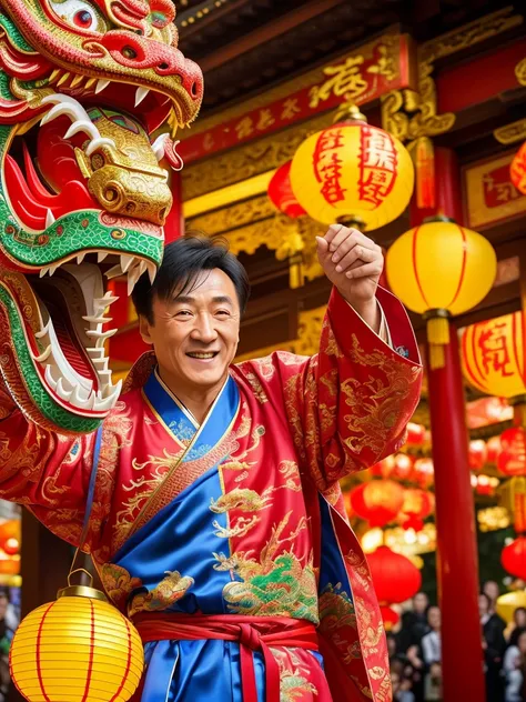 Masterpiece Photography Ultra Realistic Description: Jackie Chan, the renowned martial artist and actor, captivates in this hyper-realistic 4K photograph. He defies expectations by wearing a vibrant, traditional Chinese dragon costume, standing in the mids...