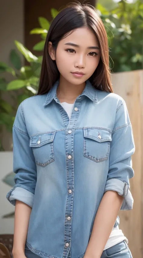 Create a close-up 4K realistic photo of a beautiful Indonesian woman wearing a denim shirt. She should have a warm and inviting expression, capturing the details of her features and the texture of the denim fabric. The background should be softly blurred t...