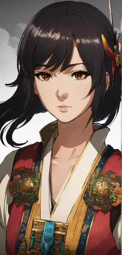 Hayase a female warrior with black short hair and brown eyes picture very beautiful 