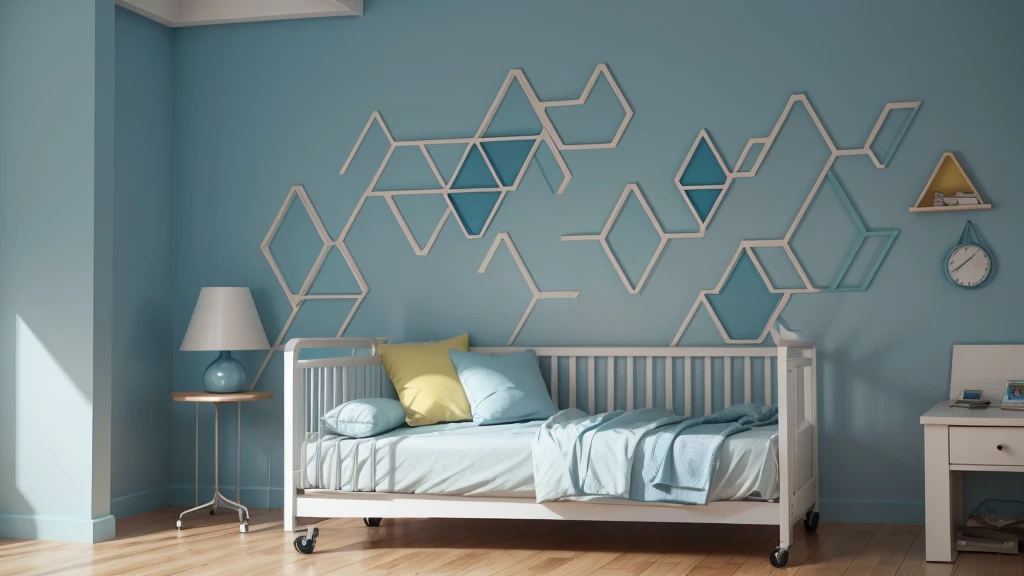 make a long hospital wall with large colorful geometric designs in shades of blue ((no reliefs))