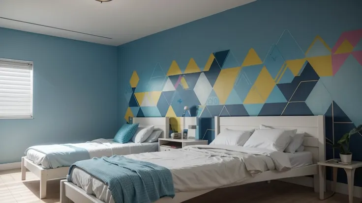 make a long hospital wall with large colorful geometric designs in shades of blue ((no reliefs))