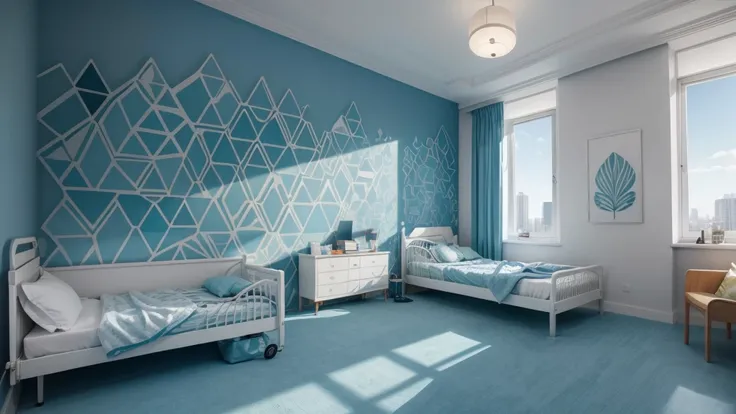 make a long hospital wall with large colorful geometric designs in shades of blue ((no reliefs))