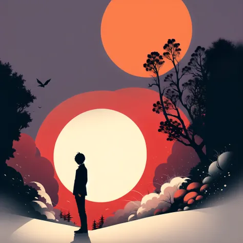 silhouette,tree,solo,moon,orange theme,outdoors,sun, dark background, purple sky,scenery,standing,1boy,1other,bare tree, tears o...