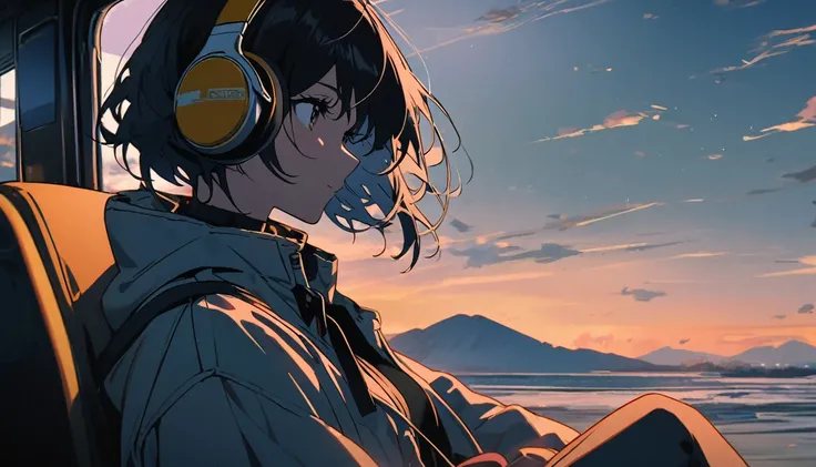 Black short hair girl wearing headphones,Traveling,One girl,relax,The background is dusk