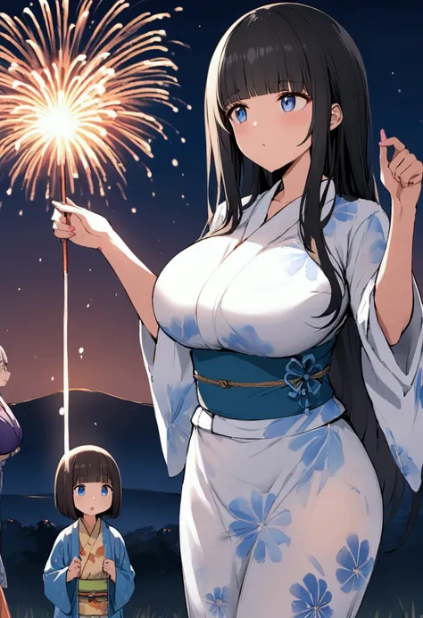 Hime cut with long black hair、Full-body illustration of a girl with straight bangs and blue eyes、Have big breasts、Wearing a yukata、Watching the fireworks explode