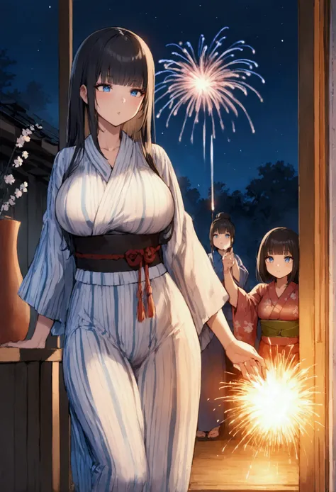 Hime cut with long black hair、Full-body illustration of a girl with straight bangs and blue eyes、Have big breasts、Wearing a yukata、Watching the fireworks explode