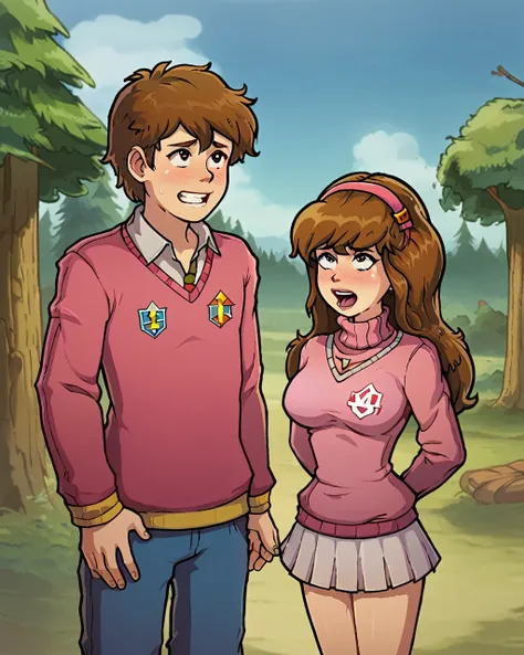 girl, mabel pines, standing, front view, pink sweater, short skirt, fucked by dipper pines
