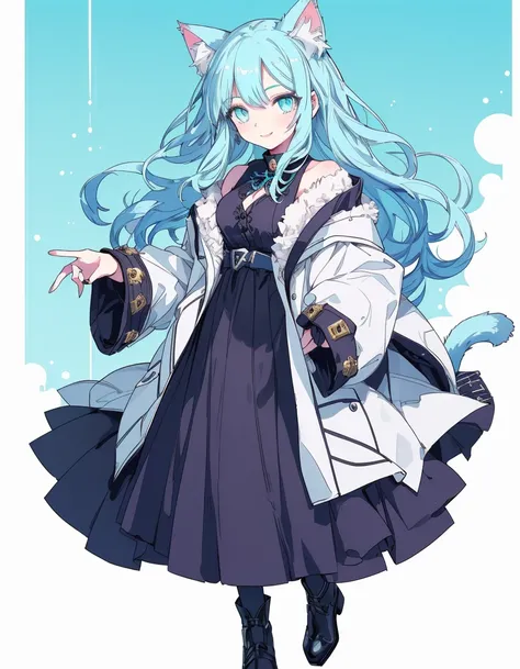 smile, magician, magicians robe, full body, ((masterpiece, best quality:1.5)), ((Beautiful detailed cat aqua eyes:1.2)), cat ears, pale skin, medium breasts, beautiful hands, beautiful fingers, EasyNegative