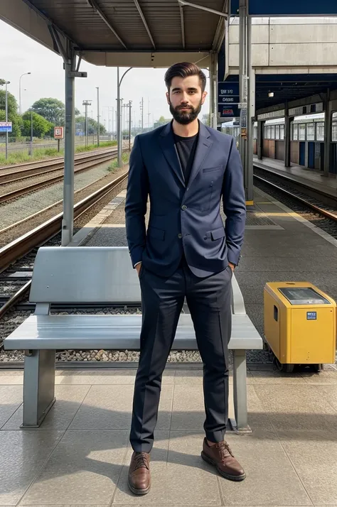 A 28 year old beared boy standing on a cement bench in a railway station platform