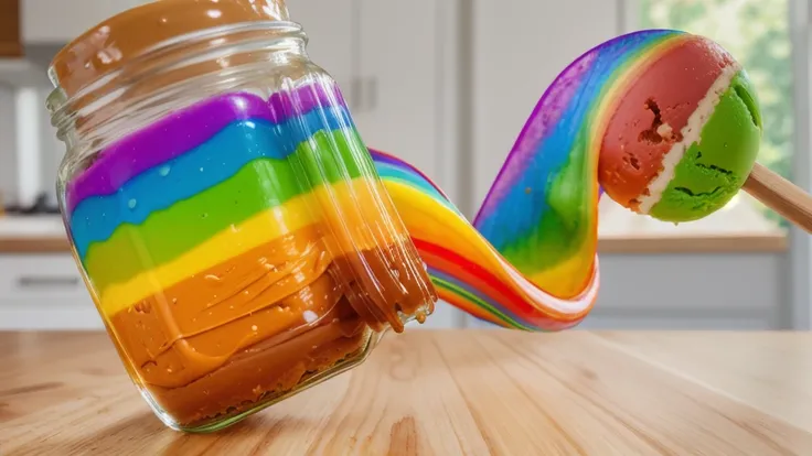 on a wooden table, glass jar with rainbow peanut butter, ice cream dipped in rainbow peanut butter, rainbow peanut butter stretch. against the background of the kitchen .beautiful lighting, Beautiful sunlight, bright lighting, Realistic style , realistic t...