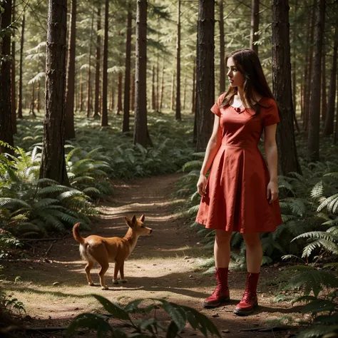 Cartoon character, 1 girl with a red dress, standing in the forest, who can talk to animals 