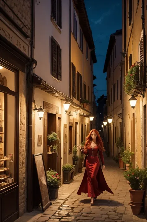 imagine A realistic, nighttime scene of an elegant woman with fair skin and long, intense red hair, walking down a picturesque Italian street. She looks wealthy, is shown in full body, and a storefront in the background is named