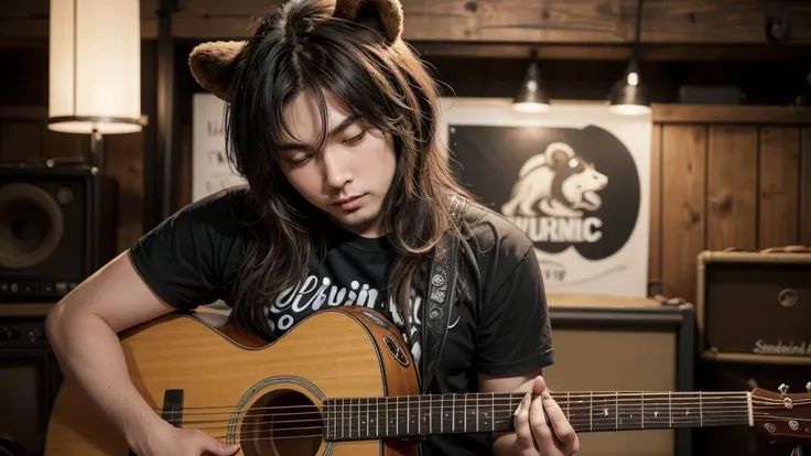 Imagine a captivating t-shirt design featuring a bear rocking out on a guitar, exuding charisma and musical flair. Picture the bear with a cool, laid-back attitude, strumming the guitar with passion against a backdrop that complements its wild and playful ...