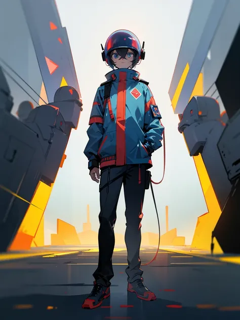 Male, teenager, wearing full-face DJ helmet with tinted visor, head covered by helmet, standing at attention, hands in pockets, fully in frame, full body shot, lone figure, sole person, Zombie Land Saga style