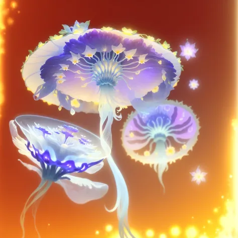 There is a picture of a plate，There is a flower on it, Has a blooming and ethereal effect, Rotating glowing marine plants, Magic spell icon, jellyfish elements, Capability Image, ethereal essence, Fantasy game spell symbols, Victorian Era，jellyfish element...