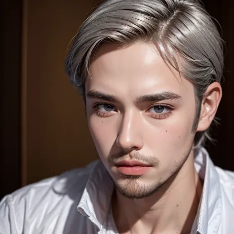 Best quality, masterpiece, ultra high res, (photorealistic:1.4) a young (male:1.4),  (facial hair:0.8), mascular, short silver hair detailed skin, detailed eyes, shiny skin