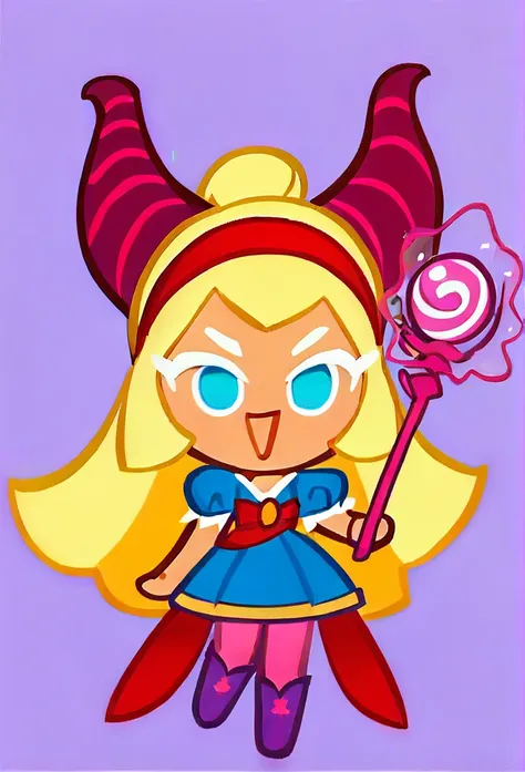 chibi, full body, CookieRun, 1girl, yellow hair, long hair, blue eyes, red headband with small horns, blue dress, pink tights, purple boots, magic wand in hands