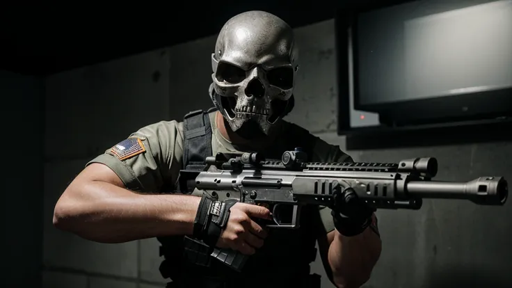 special forces soldier, wearing silver with skull, armed with rifle, masked, pointing gun at screen, ultra realistic