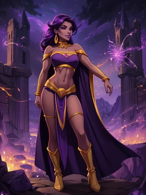 fantasy style, fantasy environment, a beautiful young sorceress (1 girl), dark-skinned female, with long purple flowing hair, pu...