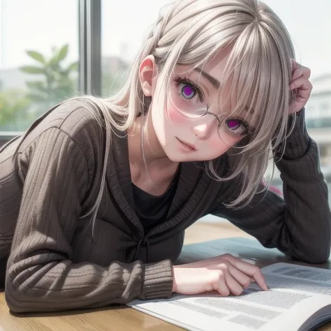 (Tabletop:1.0), (highest quality:1.4), (High resolution:1.2), From the side,Sharp contours,  boyish, highest quality, masterpiece,Glasses,Voice of the Heart,20-year-old woman,yandere,Big Breasts,Chest to chest,Lying face down,Upper Body,Ecstasy,saliva,blus...