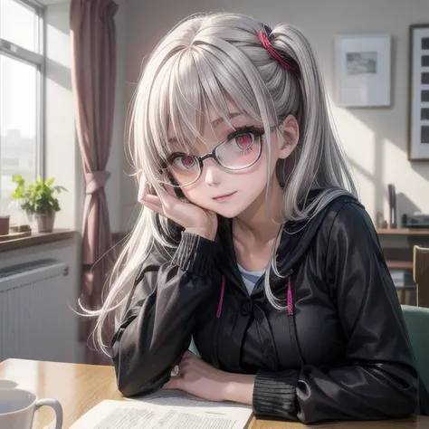 (Tabletop:1.0), (highest quality:1.4), (High resolution:1.2), From the side,Sharp contours,  boyish, highest quality, masterpiece,Glasses,Voice of the Heart,20-year-old woman,yandere,Big Breasts,Chest to chest,Lying face down,Upper Body,Ecstasy,saliva,blus...