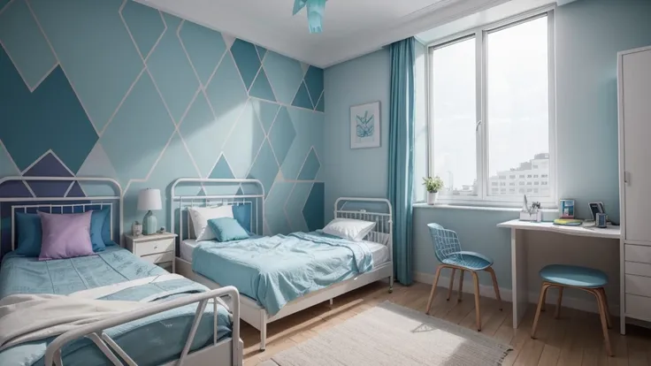 make a long hospital wall with large colorful geometric designs in shades of blue ((no reliefs)) 