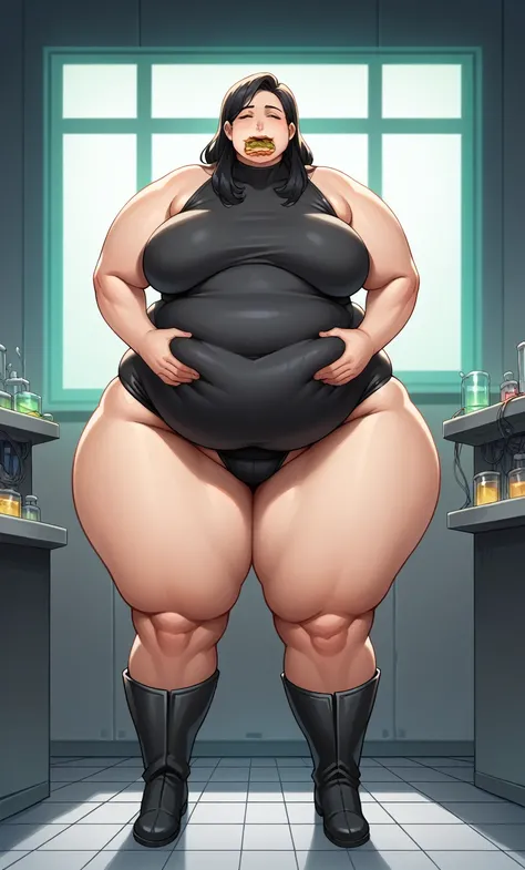 1girl, superhero, long black hair, black leotard, black bare legs, black boots, solo focus, hands on belly, full body shot, mature lady, laboratory, sittings, eating hamburgers, hamburguers,, girl fat, obese body, bigger belly, bigger ass, bigger breast, l...