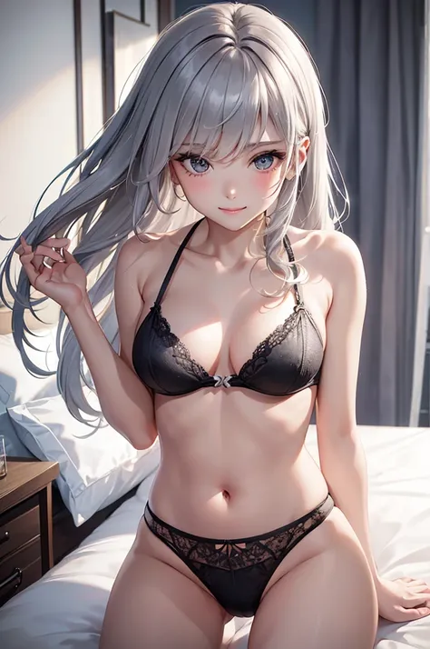 Best Quality,High resolution,8k,finelity detailed background,Masterpiece:1.2),beautiful girl,Glossy romance gray hair,asymmetrical hair,Gray eyes,Gentle look,A refreshing look,smile,Best quality,Best Quality,Aesthetic and aesthetic:1.2,Best details((Super ...