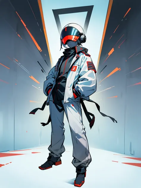 Male, teenager, wearing full-face DJ helmet with tinted visor, no visible face, standing at attention, hands in pockets, fully in frame, full body shot, lone figure, sole person, Zombie Land Saga style