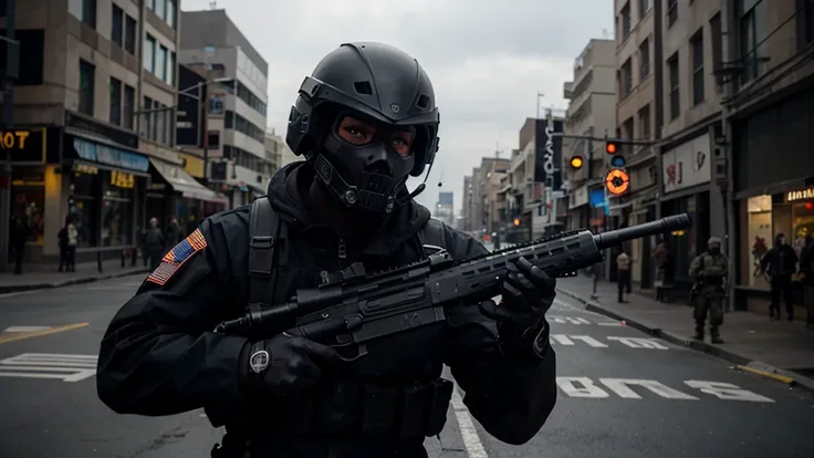 
special forces, black suit with skull, army helmet, armed with rifle, masked, pointing gun at screen, ultra realistic