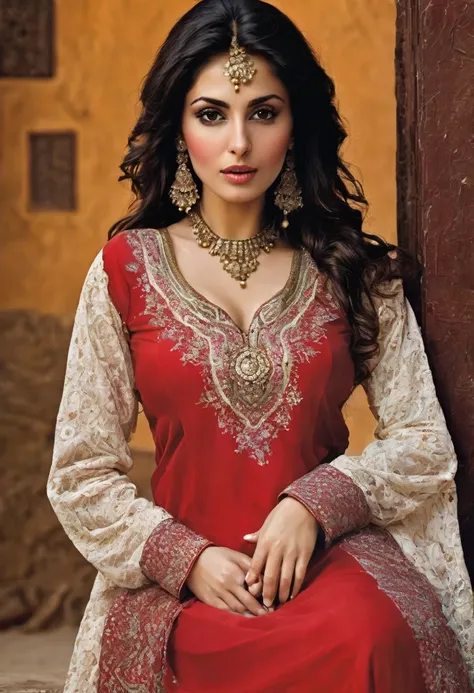 beautiful Afghan woman, dressed in a traditional red and white Kameez, extremely fitted, with a large neckline that shows off her voluminous breasts; The Kameez reveals the womans large nipples; very fitted dress that marks the womans underwear; masterpiec...