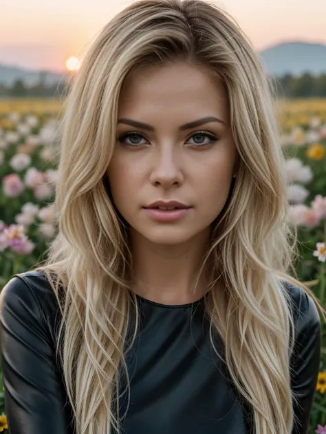 A close up of the face of Elena women, an attractive 35 years old russian woman in photorealistic style, a blonde woman with long hair in black leather pants and a black top in a spring flower field at sunset