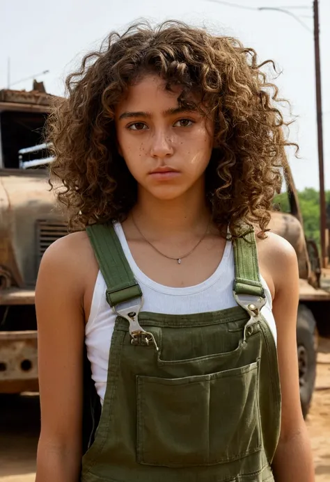 ((best quality)), ((masterpiece)), (detaile), A teenage girl with curly brown hair | brown eyes with almond shapes, She is Latina and has tanned brown skin | his clothes are typical of clothes worn by young people in dystopian universes, a dirty and slight...