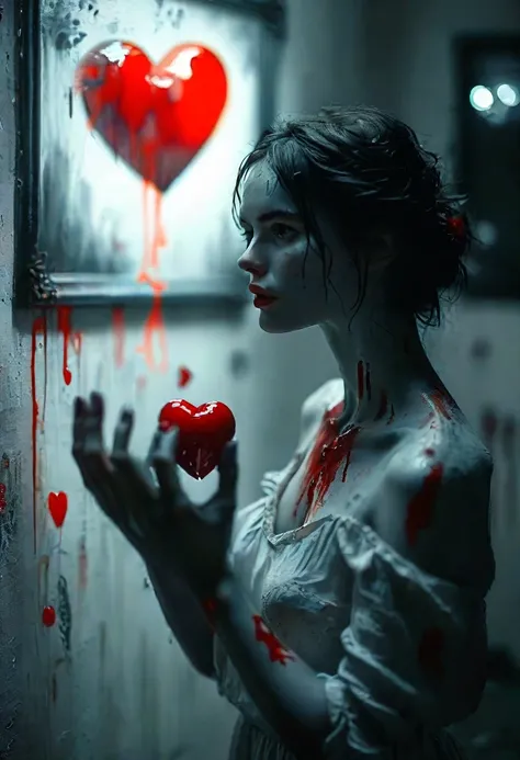 A woman holding a heart in her hands, painting it red with her own blood, sadness but also hope in her eyes, standing alone in an empty gallery surrounded only by her emotion and art, creating a deeply intimate atmosphere, highly detailed with an air of su...