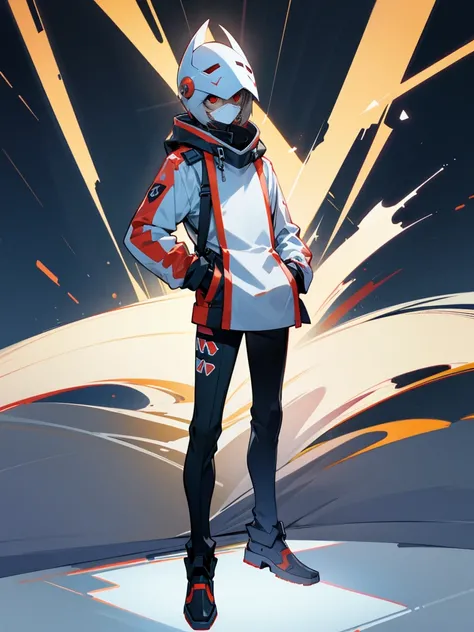 Male, teenager, wearing full-face DJ helmet, no visible face, standing at attention, hands in pockets, fully in frame, full body shot, lone figure, sole person, Zombie Land Saga style