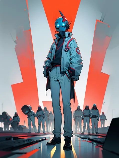 Male, teenager, wearing full-face DJ helmet, no visible face, standing at attention, hands in pockets, fully in frame, full body shot, lone figure, sole person, Zombie Land Saga style