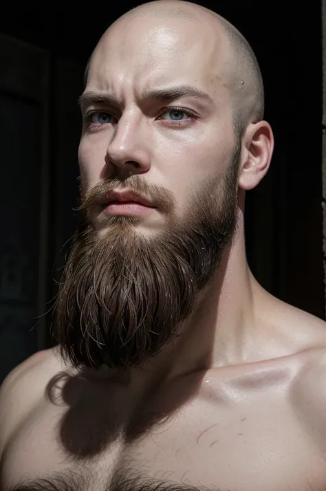 Make a man bald, scary looking, thin face, pale skin, Large Beard, wearing armor and looking serious. Your eyes are brown, your bald hair is light brown.