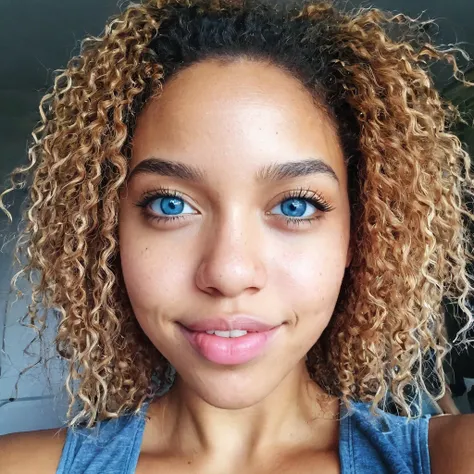 1 fille, beautiful biracial , Cheveux Bleus, Yeux bleus, Résolution Haute, Gros seins, Grimace, selfie 