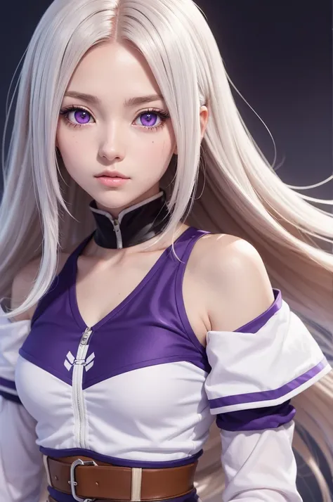 An anime style girl Create a female Boku no hero character, De pele clara, chestnut hair, with two front strands of hair being white, with violet eyes