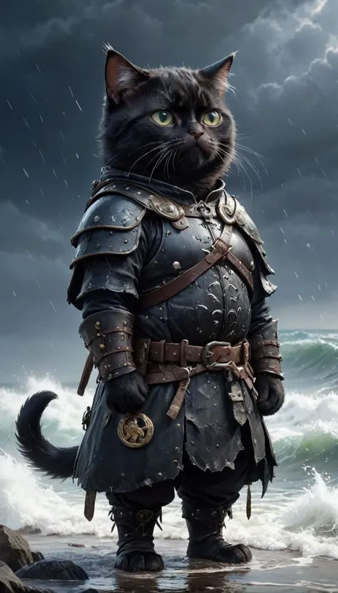 Crying face、tears、small, かわいいto be bornき物, Wearing black Viking armor、 whole body,small , Are standing, Costume, Stormy Sea、 Fantasy art, Exquisite detail, Jean-Baptiste Monge Style, office、Alan Lee Style, Anthropomorphic, Fat, A very fat black cat with bi...