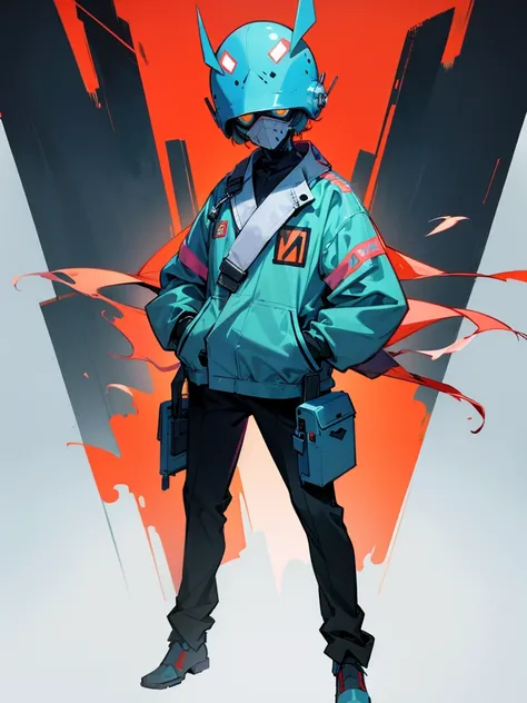 Male, teenager, wearing full-face DJ helmet, head covered by helmet, standing at attention, hands in pockets, fully in frame, full body shot, lone figure, sole person, Zombie Land Saga style