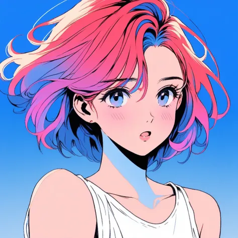 Illustrator, Anime , Realistic ,sketch , 1girl in, ,lip, order, Blue gradient background, Neon Hair,textured crop, Canadian, (masutepiece,Best Quality)