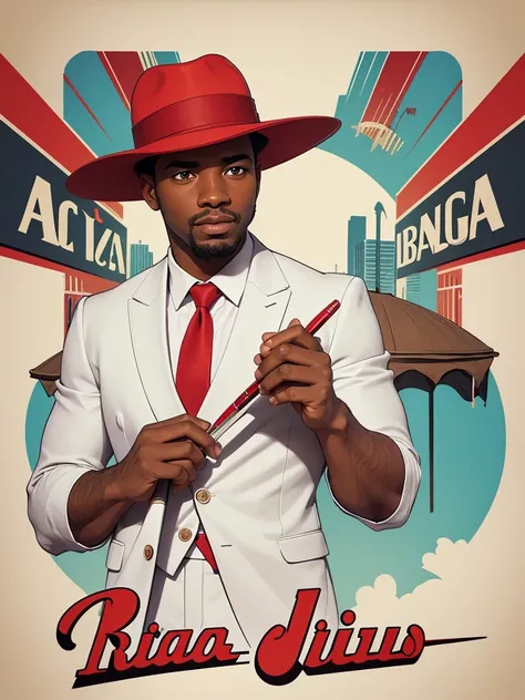 Create a poster image for a retro-themed poster. The art of sketches, The pen doodles must have a textured background with pastel colors and a drawing of a black man in a white suit and elegant red tie with a panama hat with red details.  Add retro graphic...