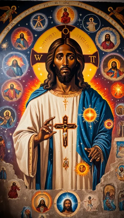 black jesus christ, orthodox painted on the wall, symbols and elements of astrology, hermetic symbols, cosmic, esoteric