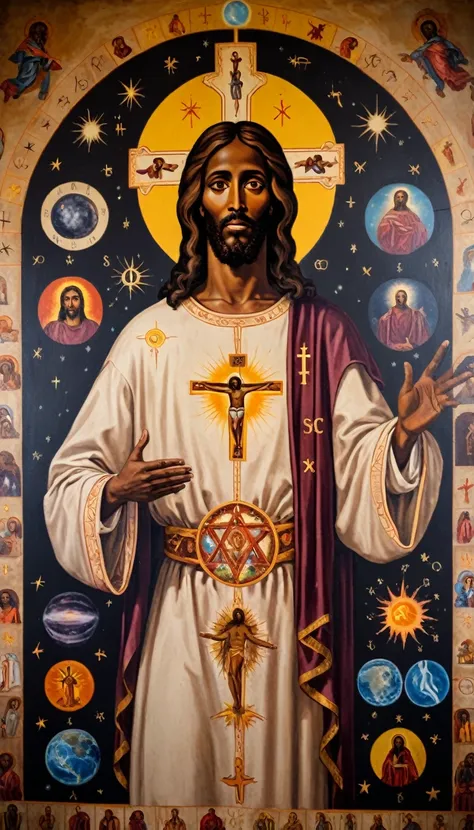 black jesus christ, orthodox painted on the wall, symbols and elements of astrology, hermetic symbols, cosmic, esoteric